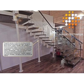 Модульная лестница с поворотом на 180 градусов со стеклянным ограждением